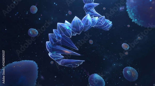 Fototapeta Glowing Crystal Double Helix with Microscopic Lifeforms in Space