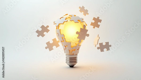 Fototapeta A glowing lightbulb composed of interlocking puzzle pieces, with one piece floating above it, casting a soft shadow on a pure white background