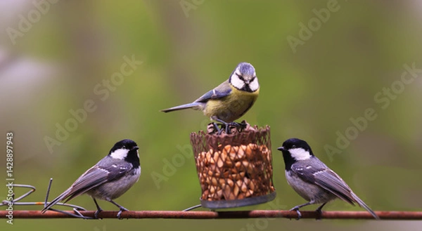 Fototapeta A blue tit sits on a feeding trough and prevents a couple of from Coal tit approaching the food...