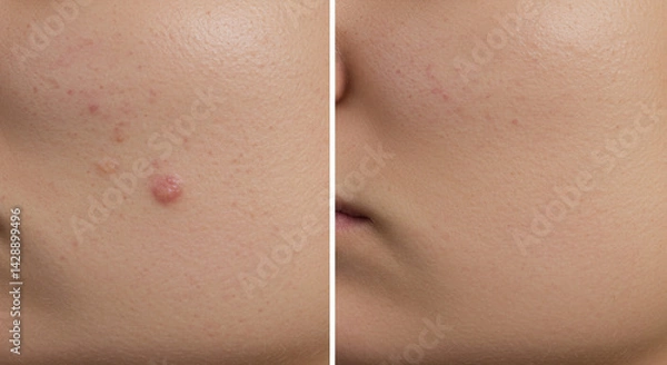 Fototapeta Before and after deep cleansing facial treatment on a young woman, left side with visible acne and oily skin, right side with clear and radiant skin