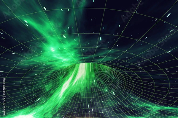 Fototapeta Wormhole in space, interstellar warp, traveling trough space and time. 3d rendering
