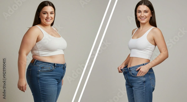 Fototapeta Comparative photo of a woman's full body before and after weight loss, with a white background and a natural appearance.