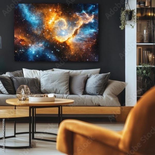 Fototapeta Stunning galactic explosion in vibrant colors displayed in a modern living space showcasing cosmic beauty and inspiration