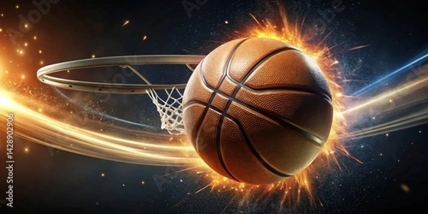 Fototapeta A Fiery Basketball Swishing Through the Hoop with Energetic Trails of Light and Sparkles