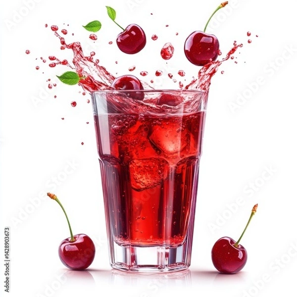 Fototapeta Fresh cherry juice splashing in a clear glass on a bright white background showcasing vibrant red colors and juicy cherries around it