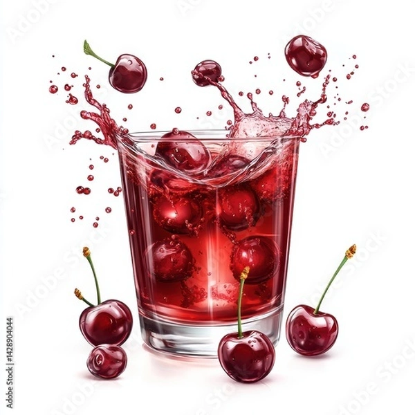 Fototapeta Splashes of cherry juice in a glass with glossy cherries against an all-white background in stunning photorealism