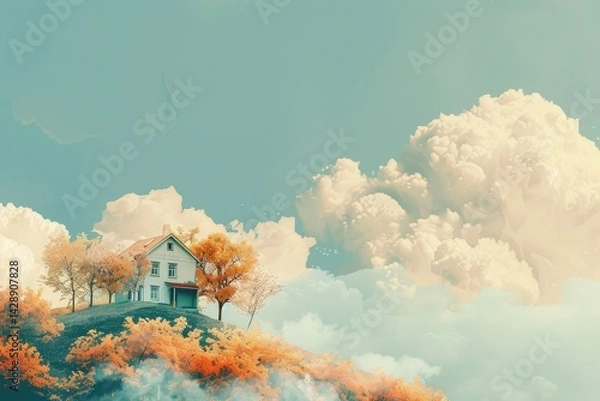 Fototapeta A house with a large roof and a balcony with a tree in the middle ,Beautiful landscape with old house and red poppies field