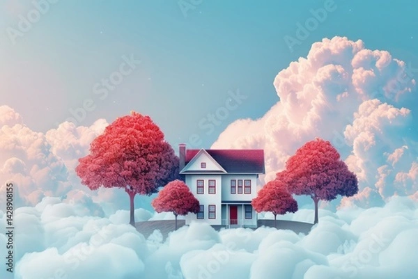 Fototapeta A house with a large roof and a balcony with a tree in the middle ,Beautiful landscape with old house and red poppies field