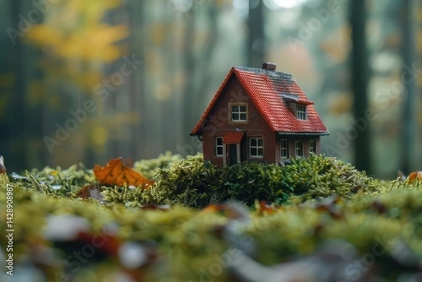 Fototapeta Model of a small house on the ground with moss and flowers ,Miniature model house on the ground with grass and flowers