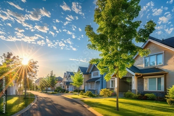 Fototapeta 3D render of a beautiful house with garden and lawn at sunset ,A house with a front porch and lawn in the sun