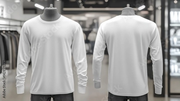 Fototapeta Front and back view of a white long sleeve men's t-shirt with a clothing store background. Mockup template concept with front and back view, 3d rendering