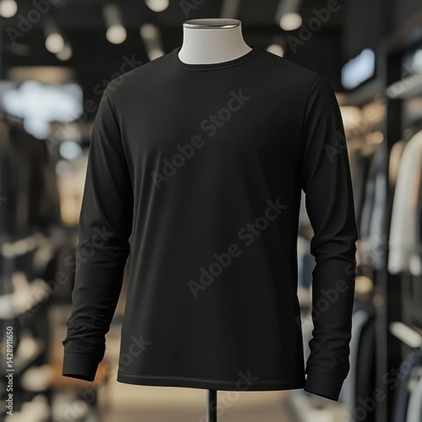 Fototapeta Men's black long sleeve t-shirt on clothing store background, front view. Mockup template concept with front and back view, 3d rendering