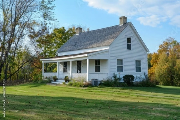 Fototapeta white cape cod house with a side gable roof and a manicured lawn,classic ranch house with wraparound porch and rocking chair on a sunny summer day