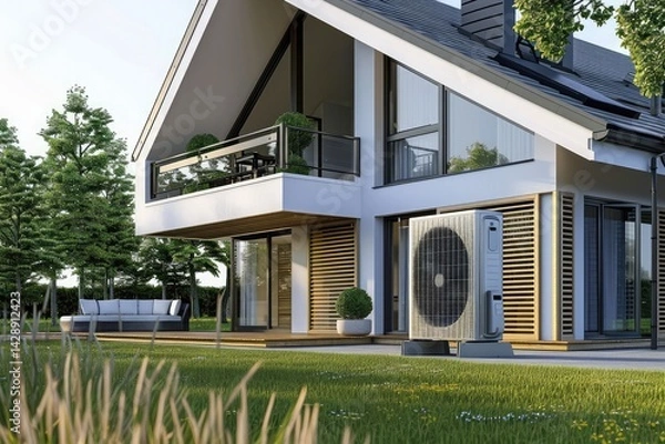 Fototapeta A modern stone house showcases large windows, elegant lighting, and a well maintained yard ,3d rendering of modern cozy clinker house on the ponds with garage and pool for sale or rent with beautiful 