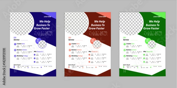 Fototapeta A bundle of 3 templates of different colors a4 flyer template, modern business flyer template,  Business abstract vector template. Brochure design, cover modern layout, annual report, poster.