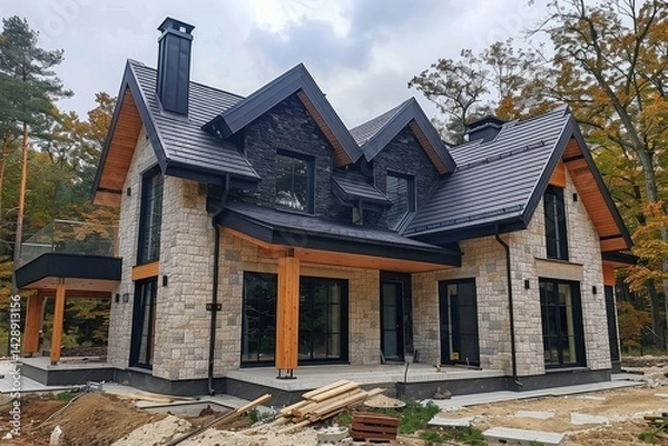 Fototapeta A modern stone house showcases large windows, elegant lighting, and a well maintained yard ,3d rendering of modern cozy clinker house on the ponds with garage and pool for sale or rent with beautiful 