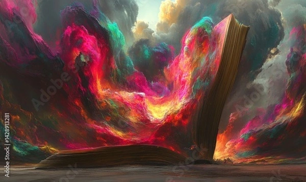 Fototapeta Open book in colorful sky, fantasy landscape, artistic, digital art, book cover