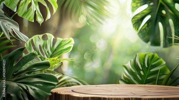 Fototapeta wooden palm podium design leaf green platform mock up space color ,The empty wooden table for product display with blur background of tropical jungle