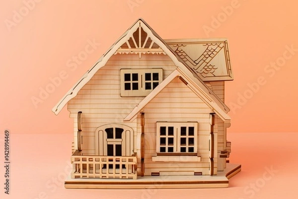 Fototapeta Miniature wooden house on pastel background ,Model of a family house isolated on white background ,A small wooden house sitting on top of a wooden table