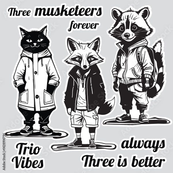 Fototapeta Vector Set of Funky Stickers: dressed up cat, fox, and racoon, line art unreal illustration, black and white