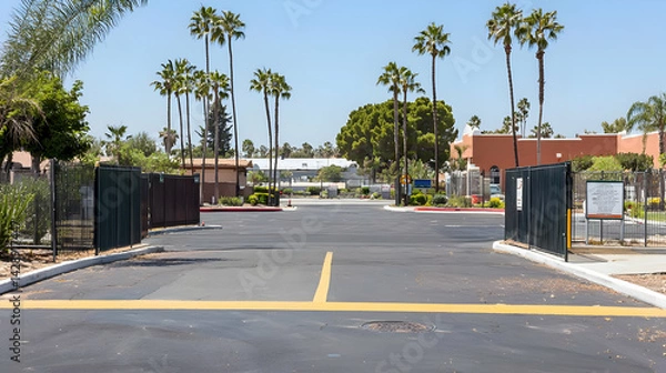 Fototapeta Empty Parking Lot Entrance With Palm Trees