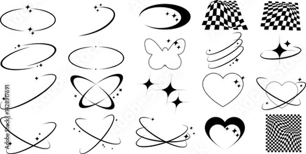 Obraz Set of geometric shapes in trendy 90s style. Black trendy design with frame, sparkles, star, moon, flower, lines. Y2k aesthetic element illustrated for banners, social media, poster design, sticker.