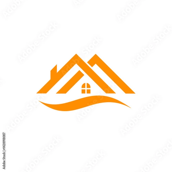 Fototapeta Modern Orange Real Estate House Logo Design – Abstract Roof Icon with Window and Wave Element on White Background