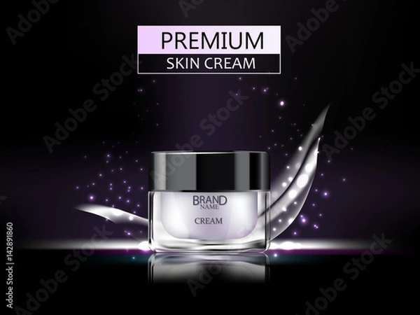 Fototapeta Premium 3d cosmetic cream bottle with violet abstract wave and shiny sparkle elements, on dark backgroun. Vector illustration.