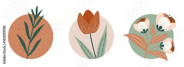 Fototapeta A set of three types of beautiful compositions with flowers on branches with leaves and a plant in a circle in retro colors and graininess. Vector illustration.