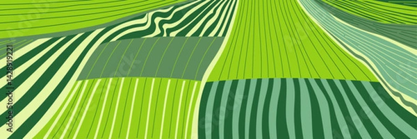 Obraz Vector farm field landscape. Furrows pattern in a plowed prepared for crops planting. Rows of soil, rural countryside perspective horizon view. Green stripes sketch illustration.