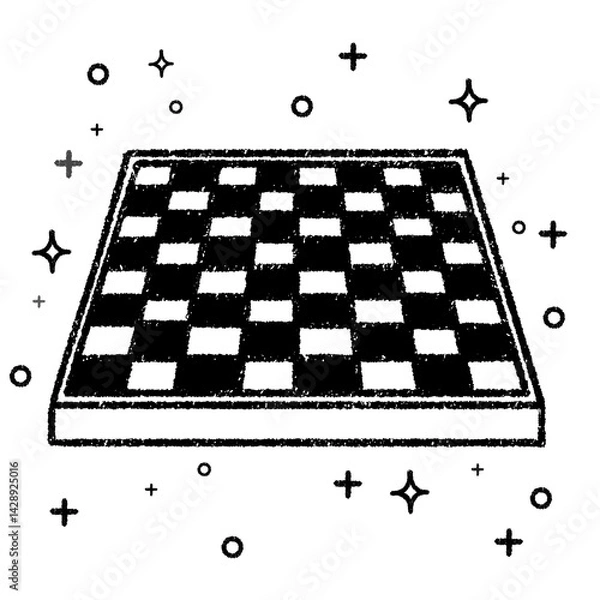 Fototapeta Hand-drawn chessboard with bold checkered pattern and whimsical decorative elements on a white background