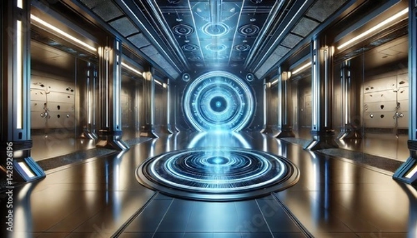 Fototapeta A sleek, futuristic corridor glows with neon blue lights, converging on a dazzling circular portal at the center