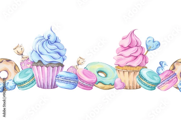Obraz Watercolor seamless border with array of sweets, including cupcakes, donuts, macarons, candies and lollipops. Perfect for party invitations, packaging or kitchen art
