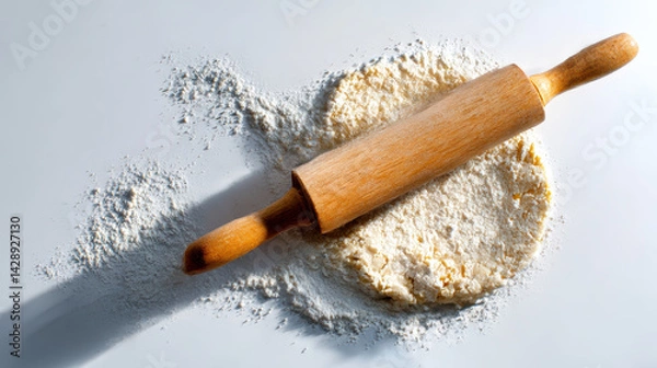 Obraz Rolling pin and dough on floured surface create cozy baking scene, perfect for culinary enthusiasts