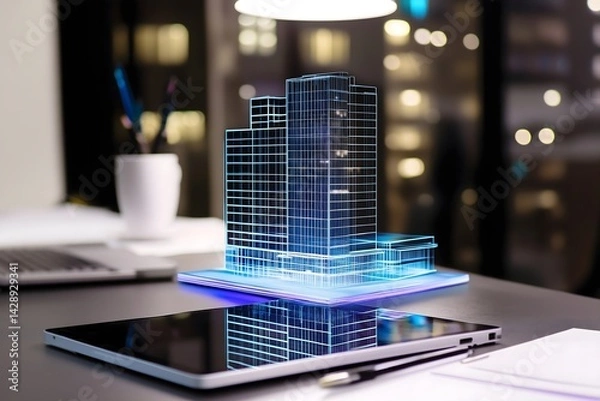 Obraz Futuristic augmented reality displaying a holographic 3D model of a skyscraper complex on a digital tablet for innovative architectural design and urban planning concepts