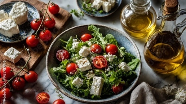 Fototapeta Fresh salad with cherry tomatoes, herbs, and cheese in rustic setting with olive oil and ingredients nearby.