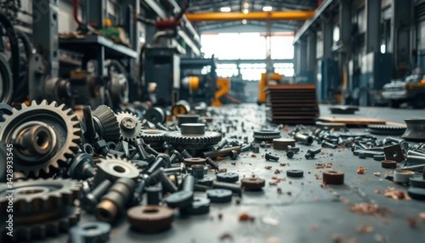 Fototapeta Disarray of metal components on factory floor representing industrial chaos