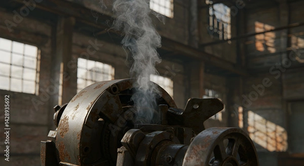 Obraz Malfunctioning Engine Emitting Smoke Inside An Old Industrial Warehouse