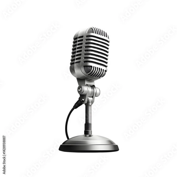 Fototapeta Elegant silver vintage style microphone with a sleek chrome plated finish and a classic retro aesthetic for music recording and audio production