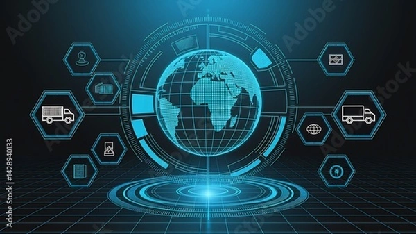 Obraz Digital Network: A futuristic digital representation of global interconnectedness, with a central globe surrounded by interactive data streams and glowing pathways.