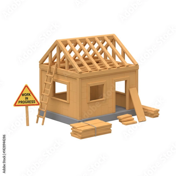Fototapeta 3d Illustration House under construction with wood and work in progress sign