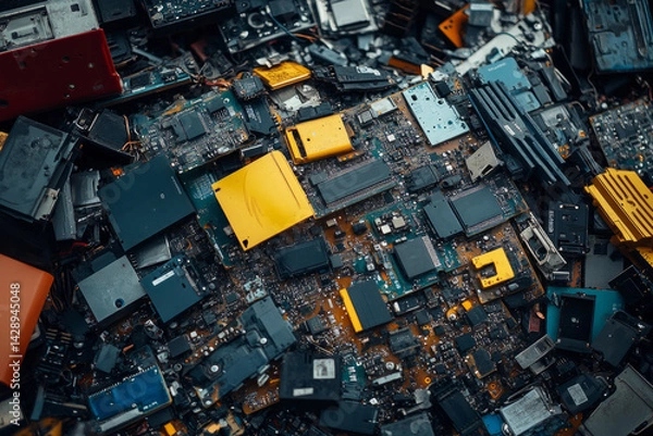 Fototapeta Close-up of discarded circuit boards, highlighting the problem of electronic waste and the need for recycling