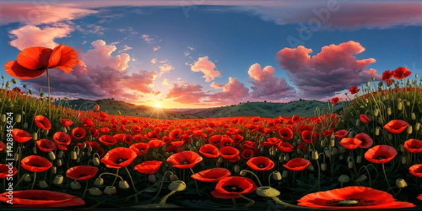 Fototapeta Red poppies in mountain valley at sunset. Full 360 degrees seamless spherical panorama HDRI equirectangular projection. Texture environment map for lighting and reflection source rendering 3d scenes