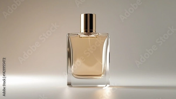 Fototapeta A single high-quality, elegant perfume bottle with a minimalist and luxurious design, made of crystal-clear glass with soft reflections and highlights