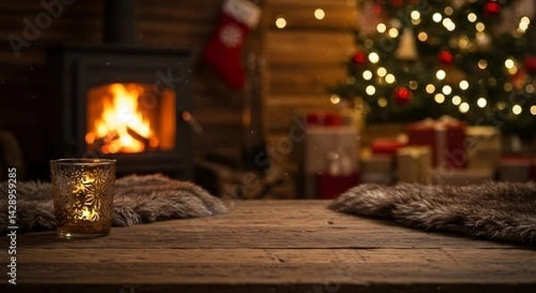 Fototapeta 暖炉の温かい光とクリスマスツリー 穏やかな夜 木のテーブル