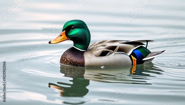 Obraz Majestic mallard duck floating serene on water detailed plumage reflection