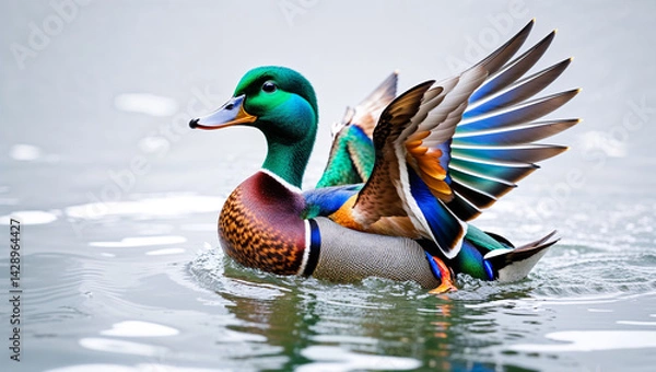 Obraz Mallard duck displaying colorful plumage swimming gracefully on water surface