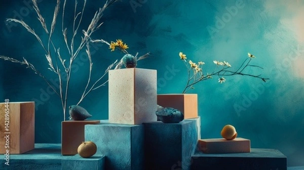 Fototapeta Artistic spa display with candles and stones