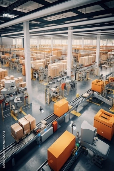 Fototapeta Modern warehouse with rows of orange boxes on shelves and conveyor belts