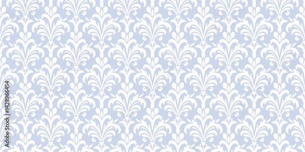 Fototapeta Blue and white damask seamless pattern. Luxury vector background in baroque, rococo, renaissance, revival style. Subtle abstract ornament with curly floral elements, leaves, feathers. Repeated design